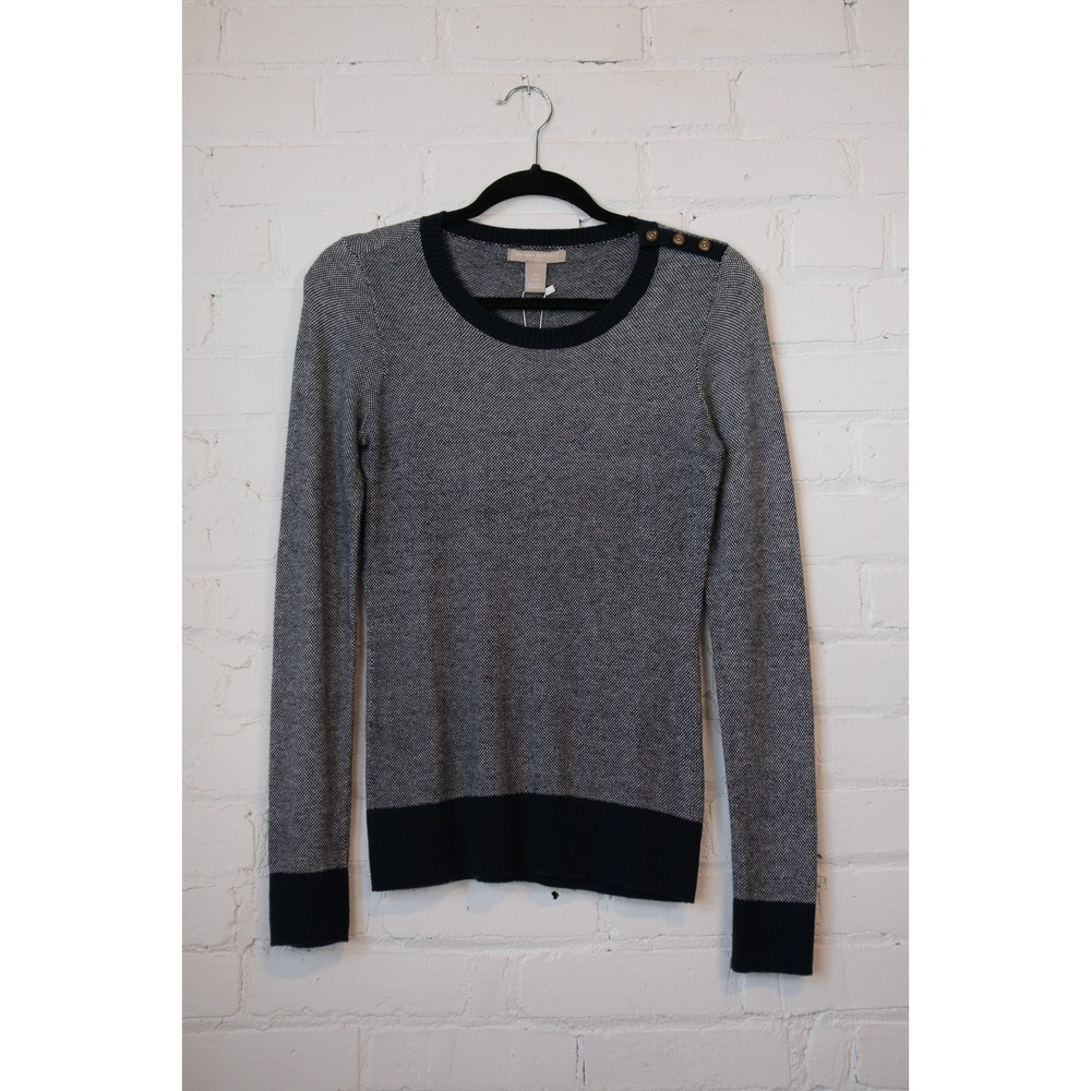 Banana Republic Navy White Button Shoulder Knit Sweater XS Crew Neck Long Sleeve